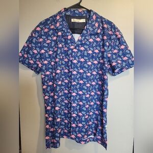 NEW Blue Flamingo Print Men Shirt, Size Medium